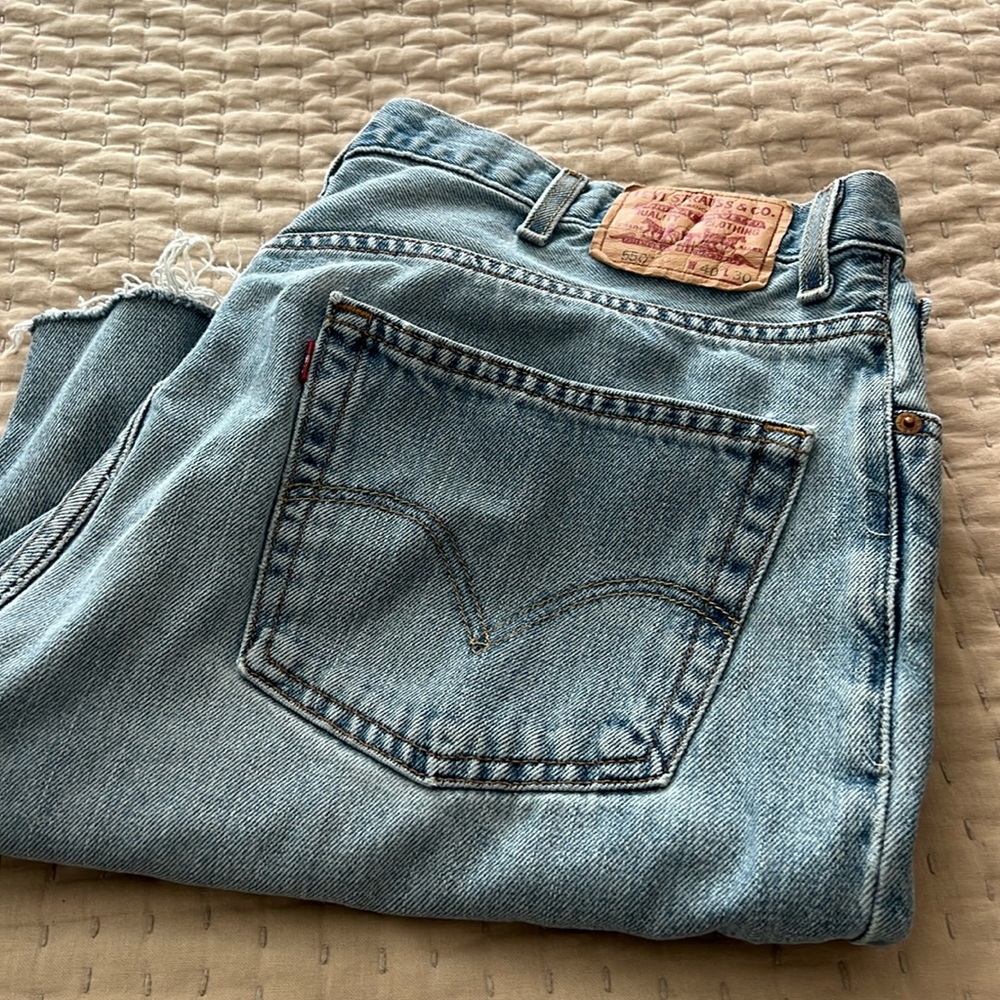 Levis Jean Shorts Mens 40 Light Blue Denim Jorts Cut Offs Relaxed Fit